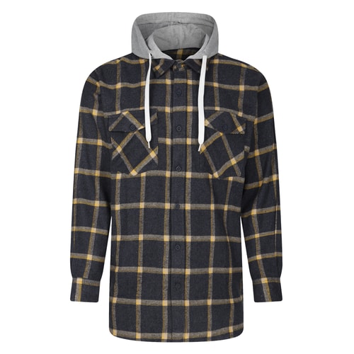 Front view of blue checked hooded flannel shirt.